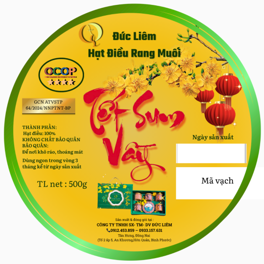 Hạt điều rang muối Đức Liêm, hộp tròn 500gr (nhãn vàng Tết sum vầy)