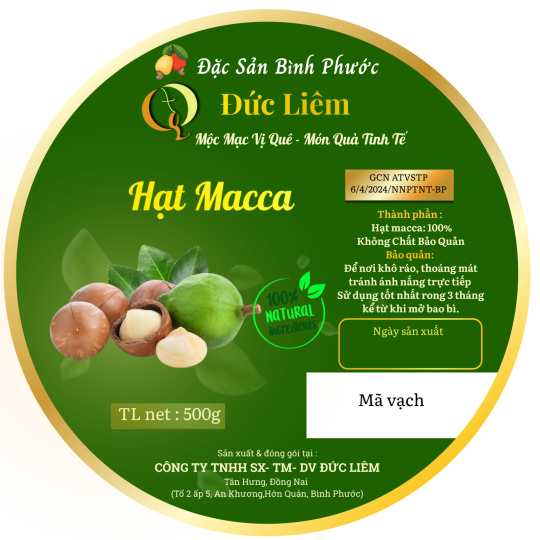 Hạt Macca Đức Liêm, hộp tròn 500gr (nhãn xanh Đặc sản Bình Phước)