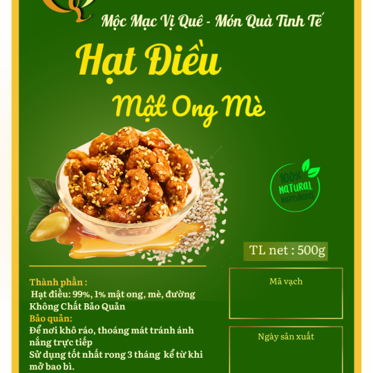 Hạt điều mật ong mè Đức Liêm, hộp pet 500gr (nhãn xanh Đặc sản Bình Phước)