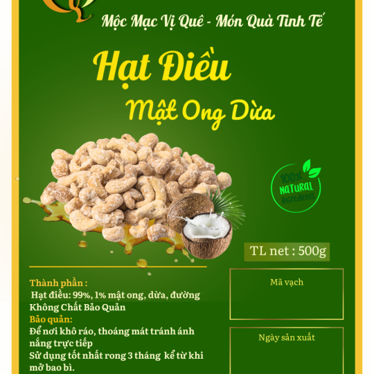 Hạt điều mật ong dừa Đức Liêm, hộp pet 500gr (nhãn xanh Đặc sản Bình Phước)