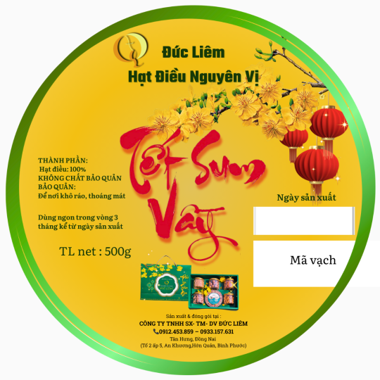 Hạt điều nguyên vị Đức Liêm, hộp tròn 500gr (nhãn vàng Tết sum vầy)
