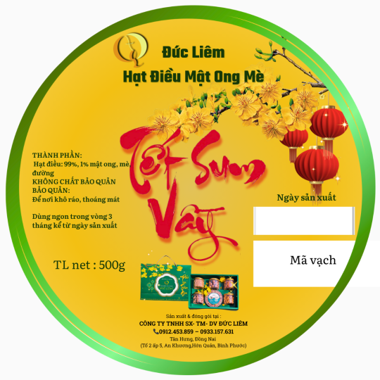 Hạt điều mật ong mè Đức Liêm, hộp tròn 500gr (nhãn vàng Tết sum vầy)